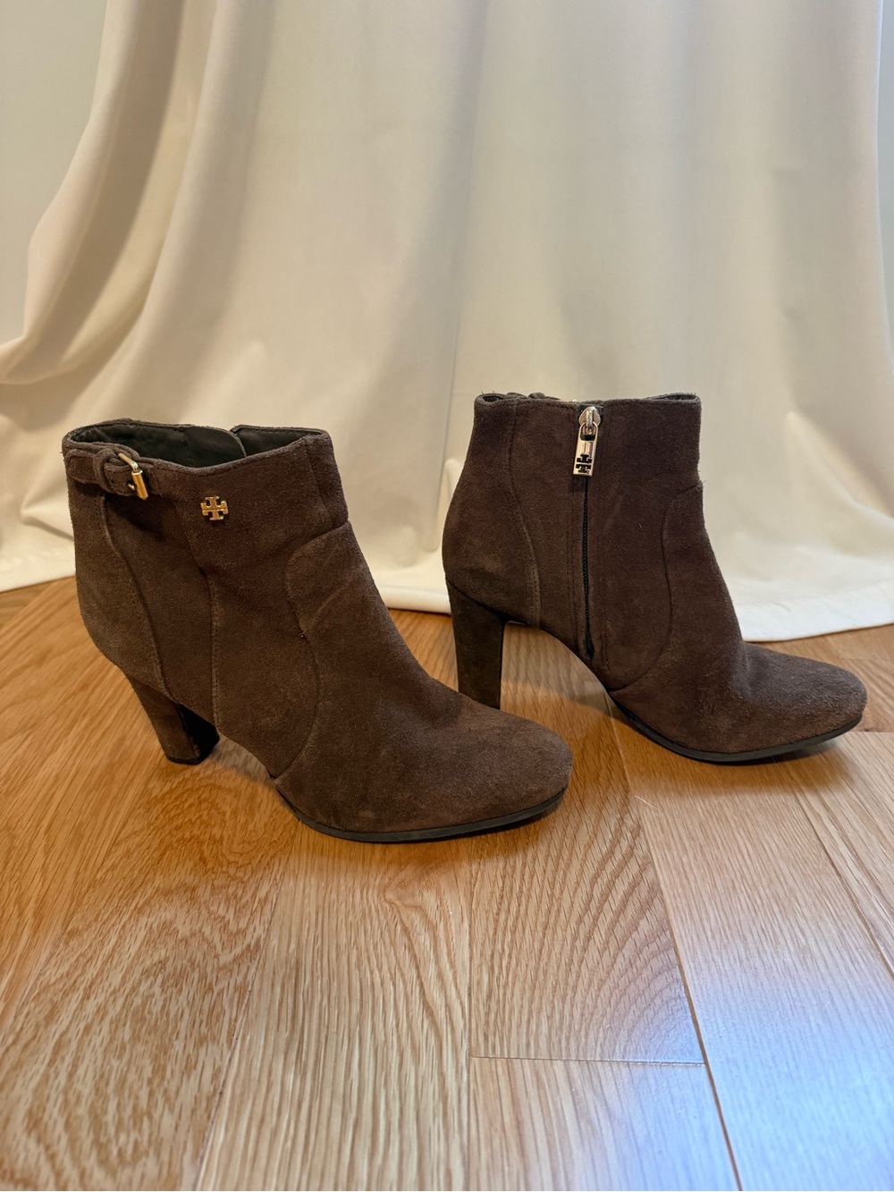 Tory Burch Dark Brown Suede Ankle Booties with Gold Logo
